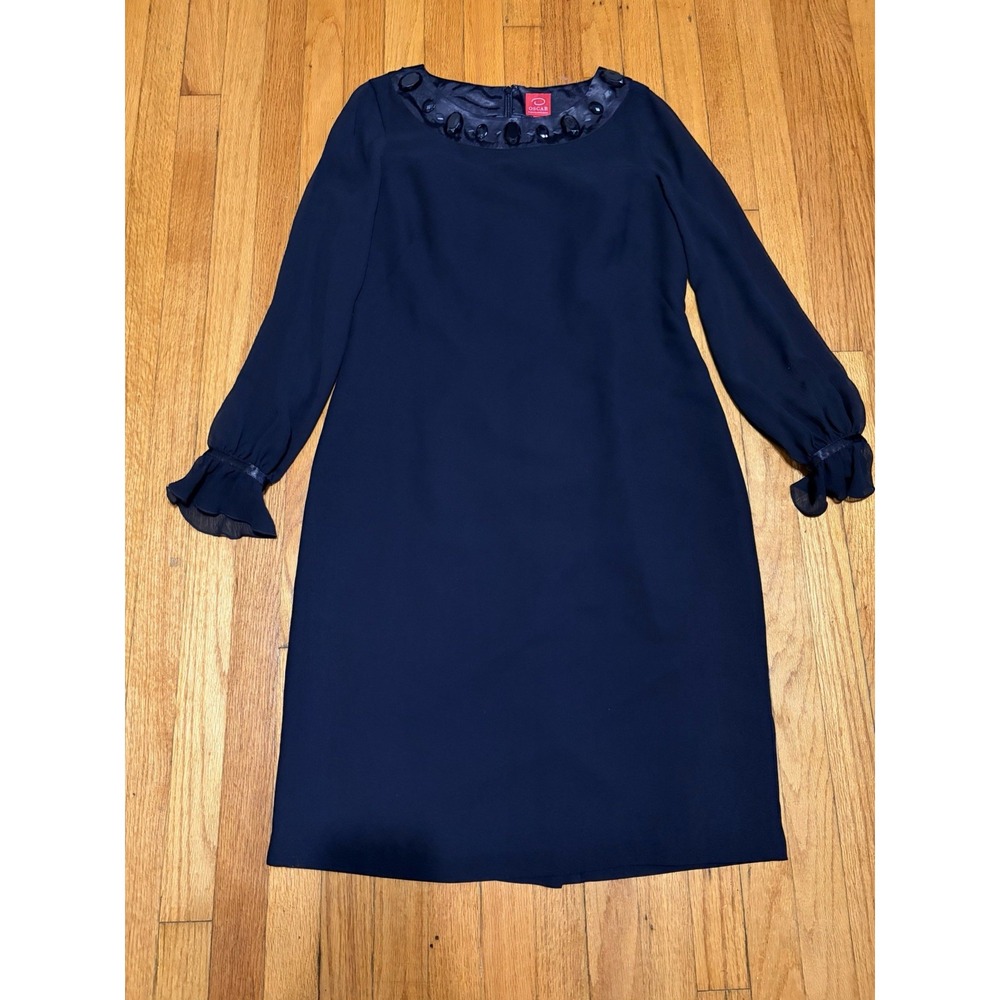 Oscar Del La Renta Dress Womens 12 Black Cocktail Sheer Sleeve Dress
